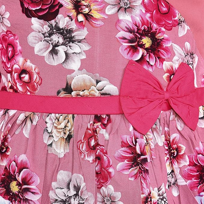 Girls Pink Floral Printed Cotton Sleeveless Dress with Waist Bow Detail