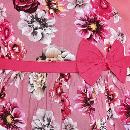 Girls Pink Floral Printed Cotton Sleeveless Dress with Waist Bow Detail