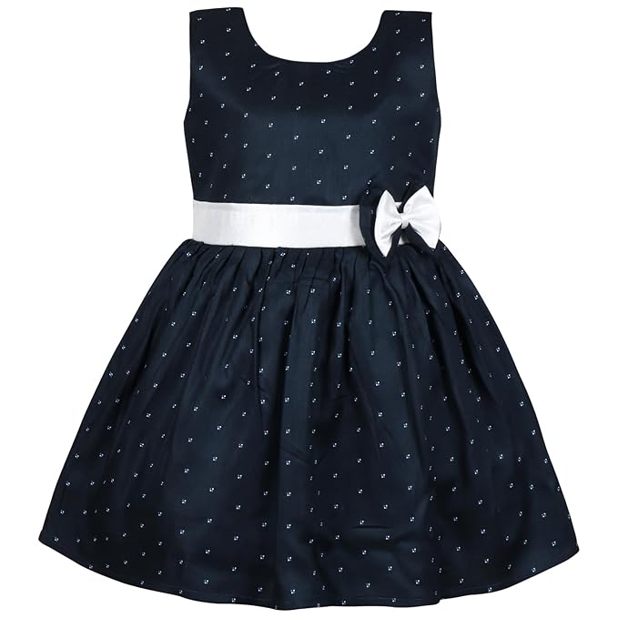 Girls Navy Blue Polka Dot Cotton Sleeveless Dress with White Bow & Waist Belt