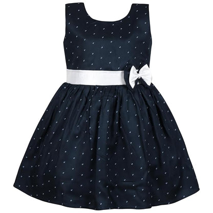 Girls Navy Blue Polka Dot Cotton Sleeveless Dress with White Bow & Waist Belt