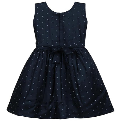 Girls Navy Blue Polka Dot Cotton Sleeveless Dress with White Bow & Waist Belt