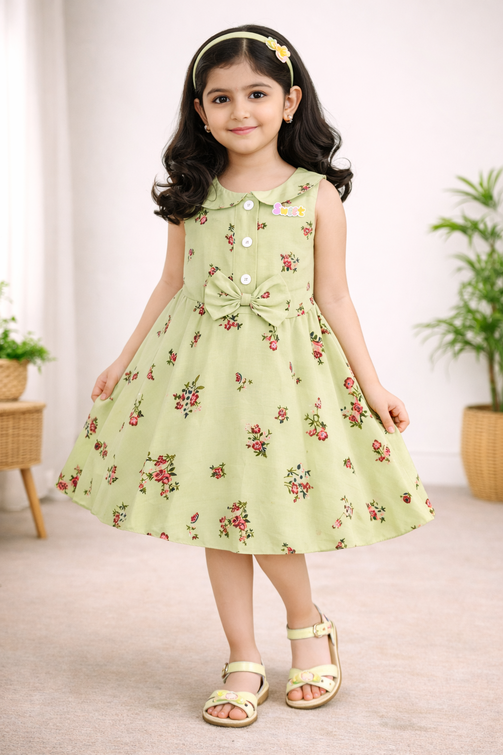 Girls Cotton Light Blue Floral Peter Pan Collar Dress