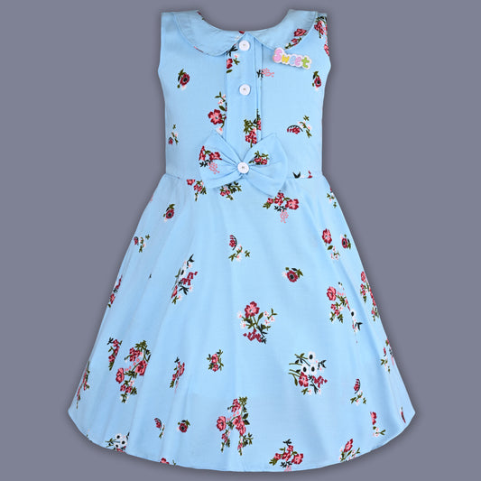 Girls Cotton Floral Print Collared Bow Summer Dress