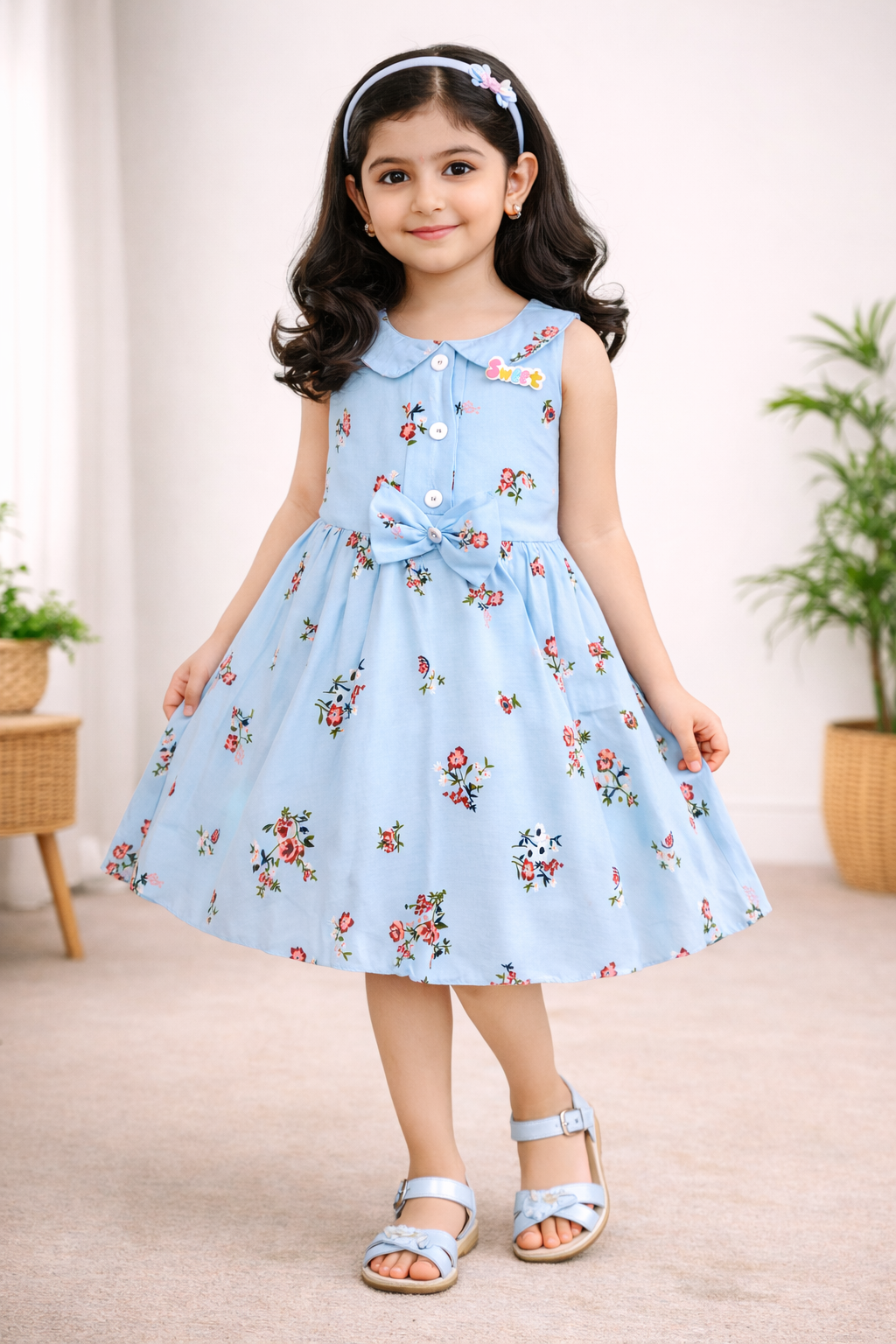 Girls Cotton Light Blue Floral Peter Pan Collar Dress