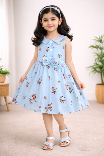 Girls Cotton Light Blue Floral Peter Pan Collar Dress