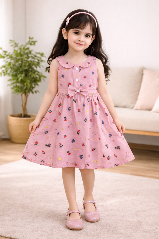 Girls Cotton Light Pink Floral Peter Pan Collar Dress