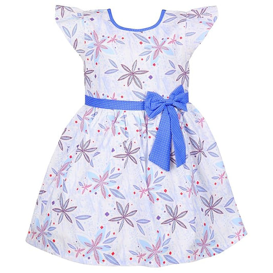 Girls White Floral Cotton Party Dress with Blue Bow – Cute Flutter Sleeve Kids Dress