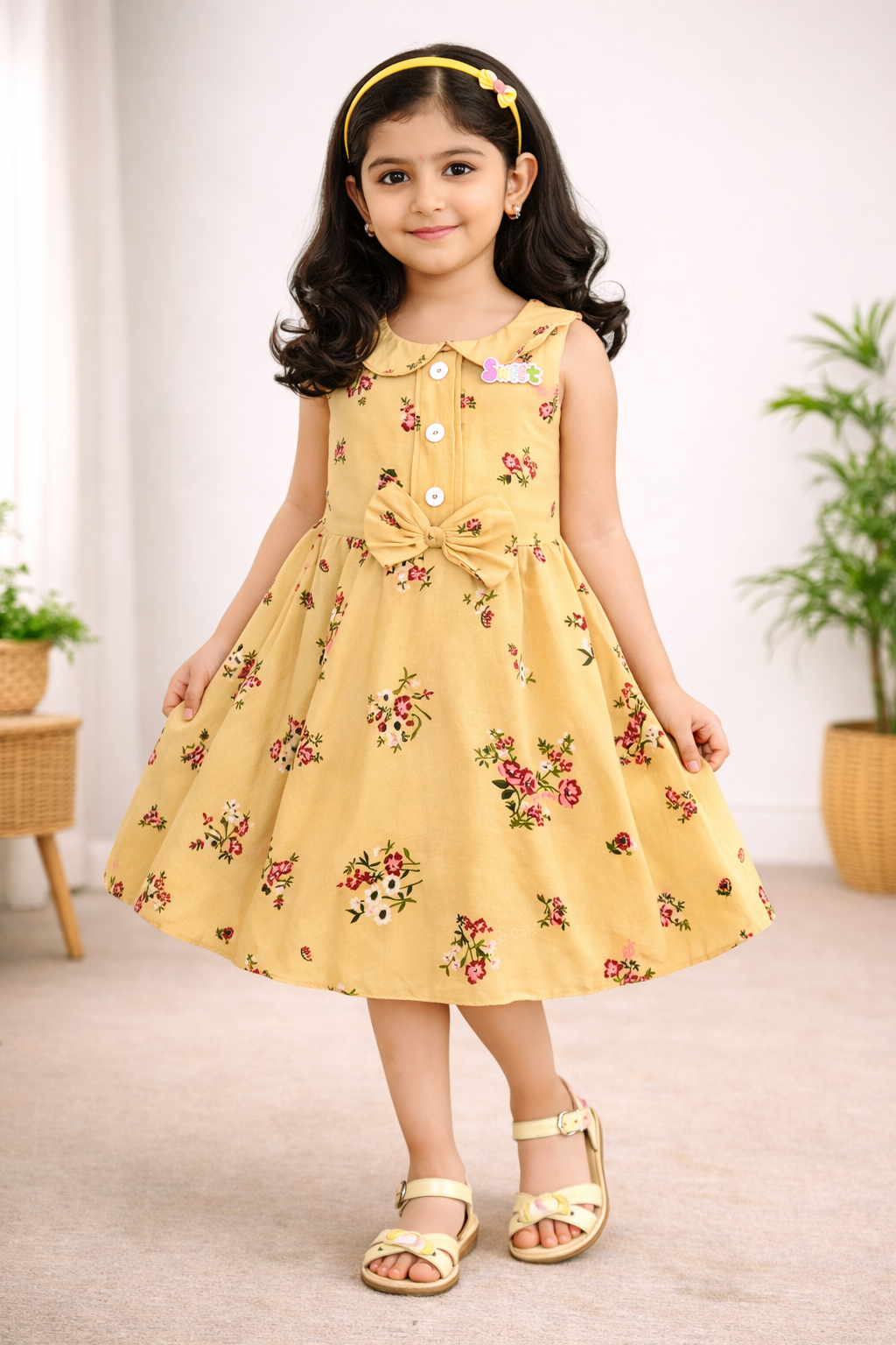 Girls Cotton Light Blue Floral Peter Pan Collar Dress