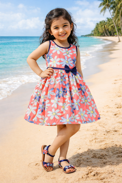 Girls Floral Printed Cotton Sleeveless Dress with Bow Detail