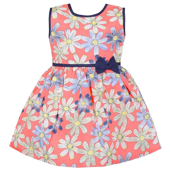 Girls Floral Printed Cotton Sleeveless Dress with Bow Detail