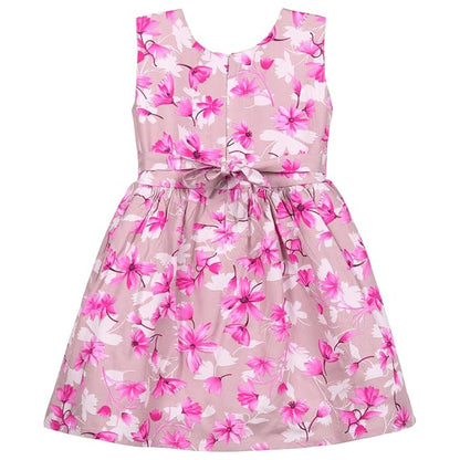 Girls Floral Printed Cotton Sleeveless Party & Casual Frock with Bow Detail