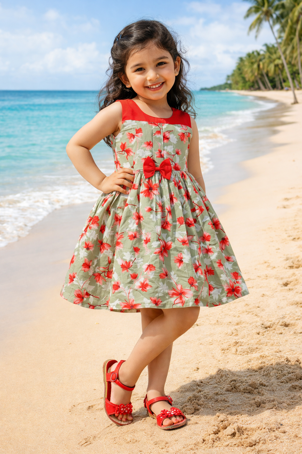 Girls Floral Printed Cotton Sleeveless Party & Casual Frock with Bow Detail