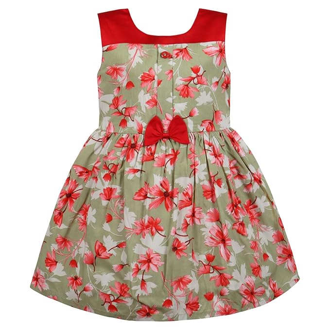 Girls Floral Printed Cotton Sleeveless Party & Casual Frock with Bow Detail