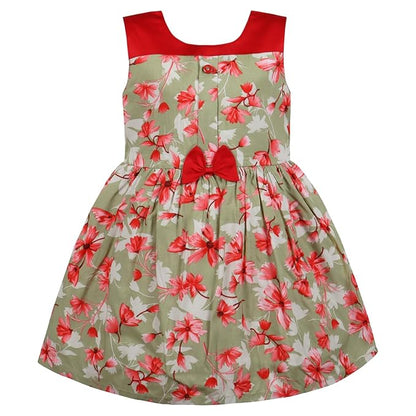 Girls Floral Printed Cotton Sleeveless Party & Casual Frock with Bow Detail