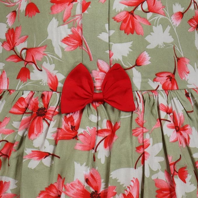 Girls Floral Printed Cotton Sleeveless Party & Casual Frock with Bow Detail