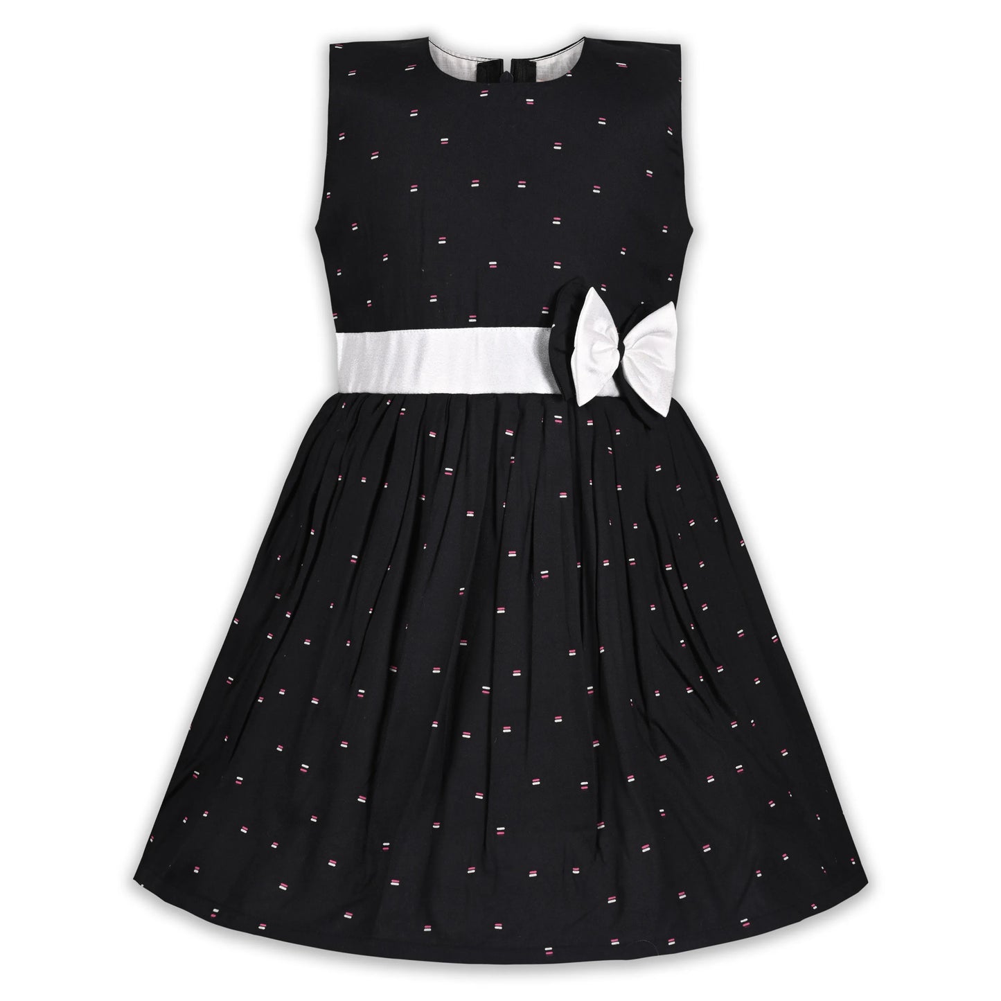 Black Cotton Party Frock for Girls with White Waist Belt & Bow
