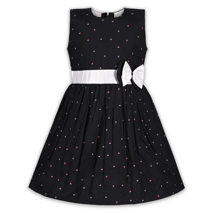 Black Cotton Party Frock for Girls with White Waist Belt & Bow