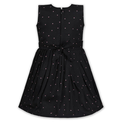 Black Cotton Party Frock for Girls with White Waist Belt & Bow