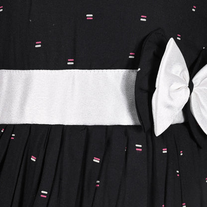 Black Cotton Party Frock for Girls with White Waist Belt & Bow