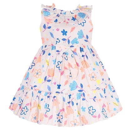 Girls Cotton Multicolor Floral Printed Sleeveless Layered Dress with Ruffle Neck