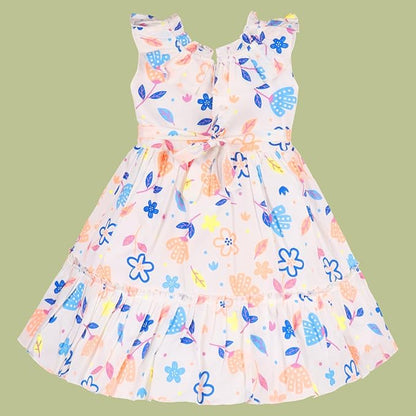 Girls Cotton Multicolor Floral Printed Sleeveless Layered Dress with Ruffle Neck