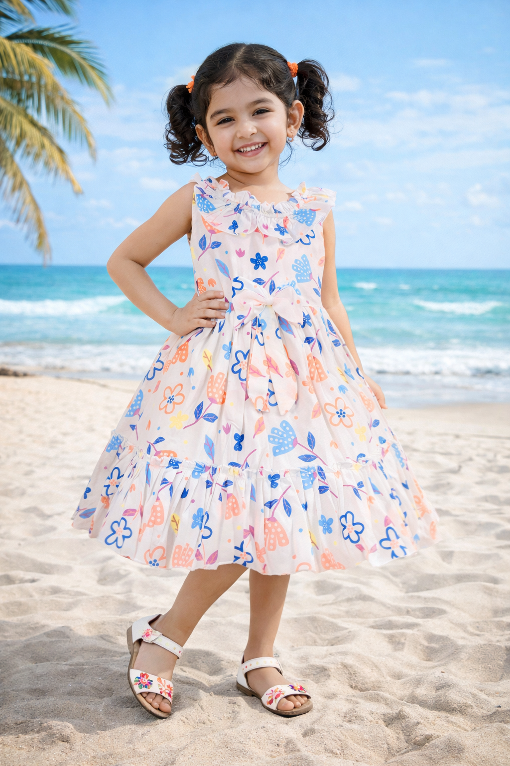 Girls Cotton Multicolor Floral Printed Sleeveless Layered Dress with Ruffle Neck