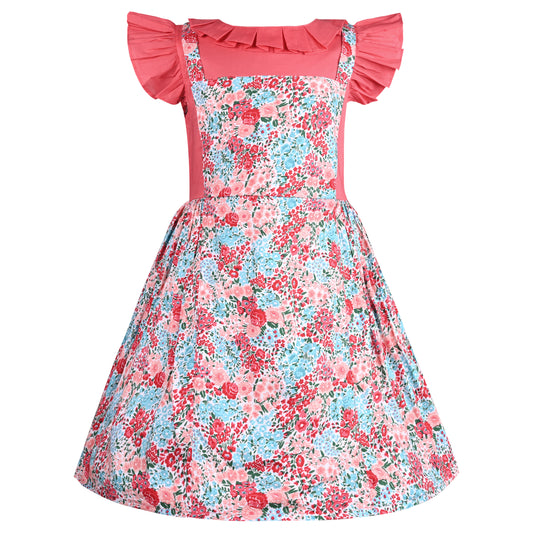 Girls Floral Printed Cotton Fit & Flare Dress with Flutter Sleeves