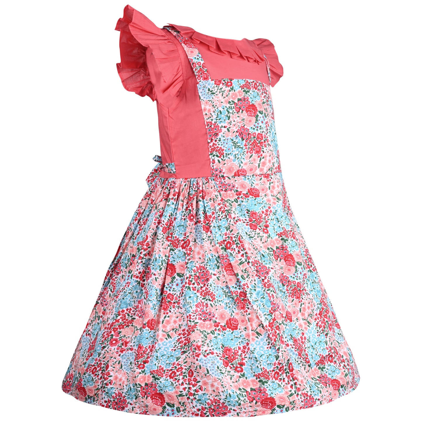Girls Floral Printed Cotton Fit & Flare Dress with Flutter Sleeves