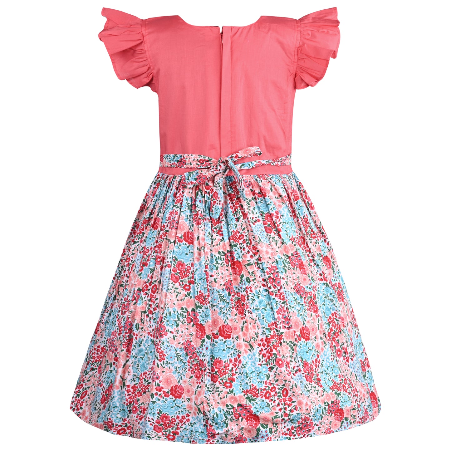 Girls Floral Printed Cotton Fit & Flare Dress with Flutter Sleeves