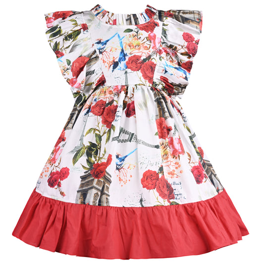 Girls Floral Print Flared Sleeve Fit and Flare Summer Frock