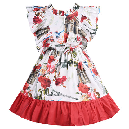 Girls Floral Print Flared Sleeve Fit and Flare Summer Frock