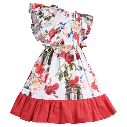 Girls Floral Print Flared Sleeve Fit and Flare Summer Frock