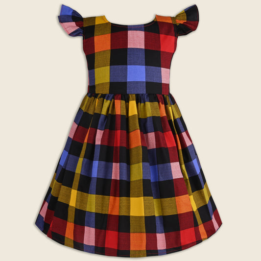 Girls Cotton Checkered Ruffle Sleeve Dress