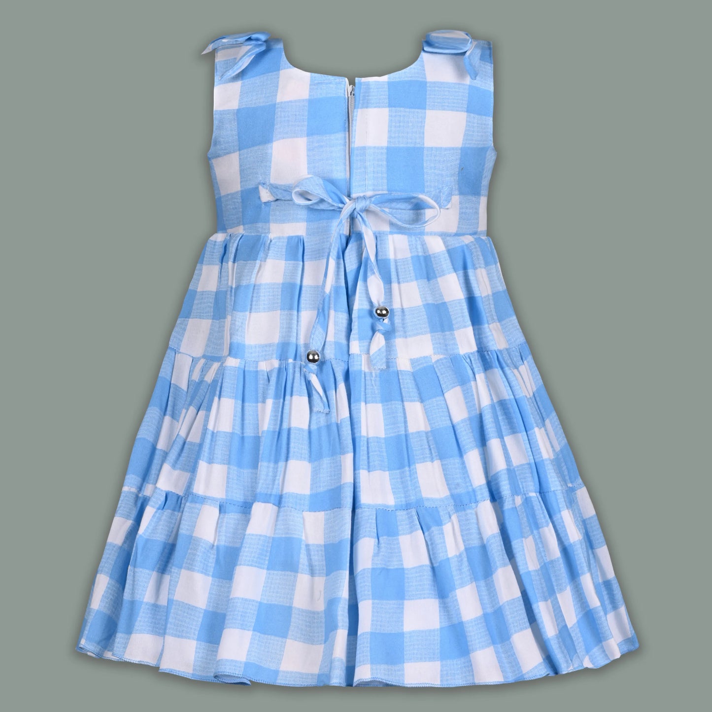 Girls Cotton Checked Party Frock for Girls with Floral Detail