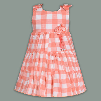 Girls Cotton Checked Party Frock for Girls with Floral Detail