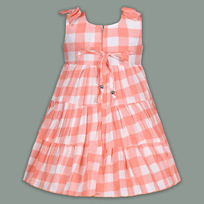 Girls Cotton Checked Party Frock for Girls with Floral Detail