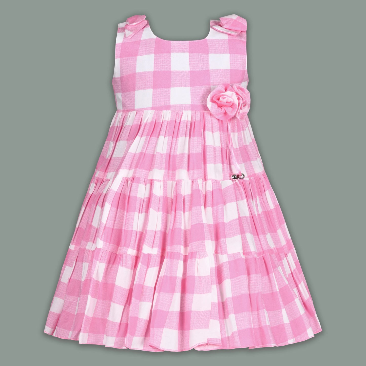 Girls Cotton Checked Party Frock for Girls with Floral Detail