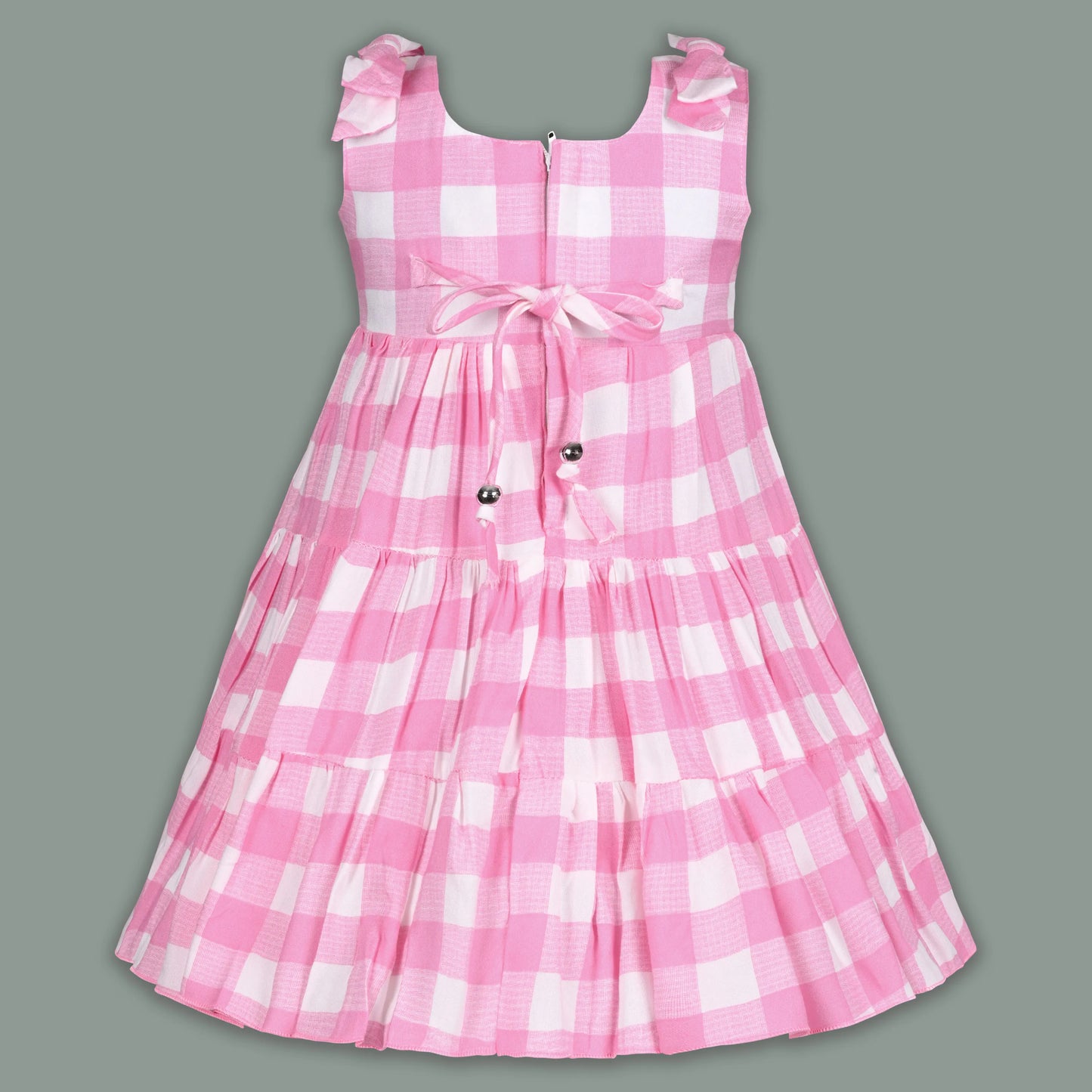 Girls Cotton Checked Party Frock for Girls with Floral Detail