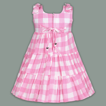 Girls Cotton Checked Party Frock for Girls with Floral Detail