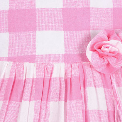 Girls Cotton Checked Party Frock for Girls with Floral Detail