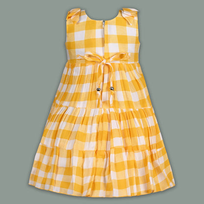 Girls Cotton Checked Party Frock for Girls with Floral Detail