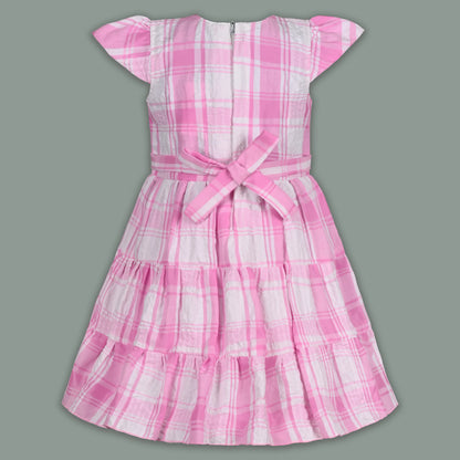 Girls Cotton Checked Party Frock for Girls with Belt Detail
