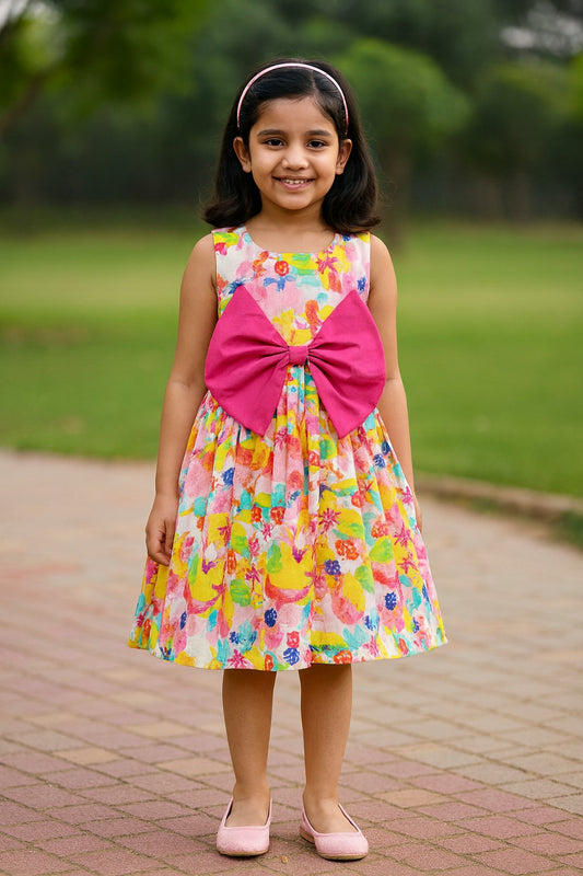 Girls Vibrant Floral Bow Summer Casual Dress
