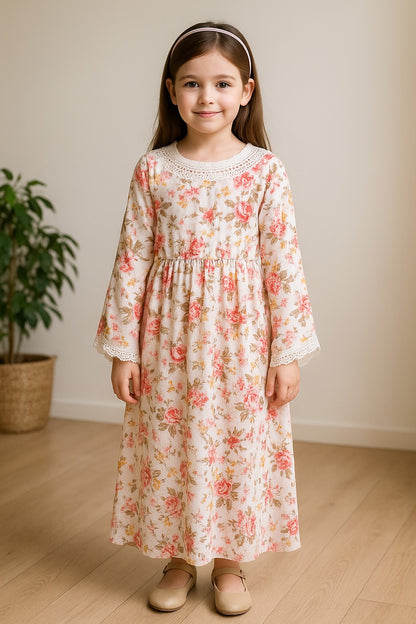 Girls 3/4th Sleeve Floral Print Fit and Flare Frock Dress