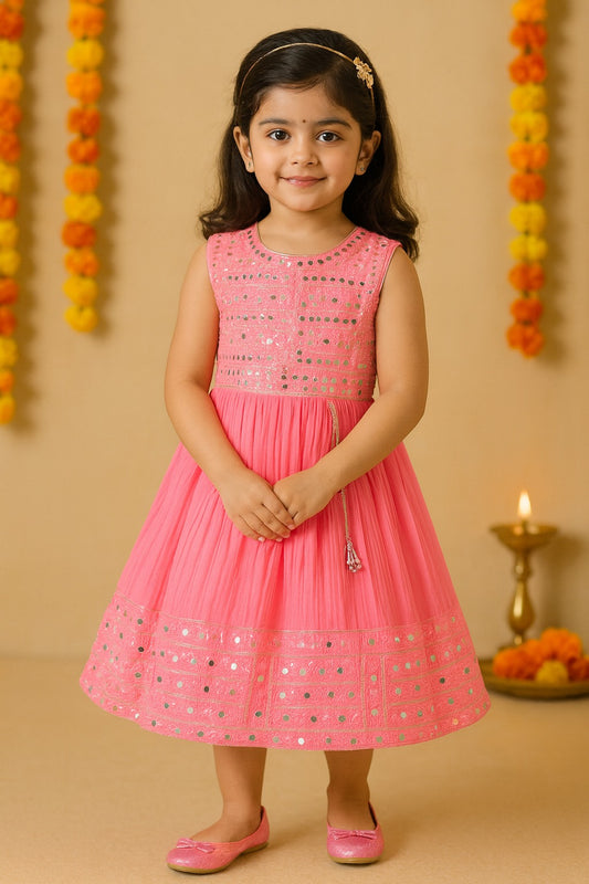 Girls Mirror Work Flared Ethnic Dress