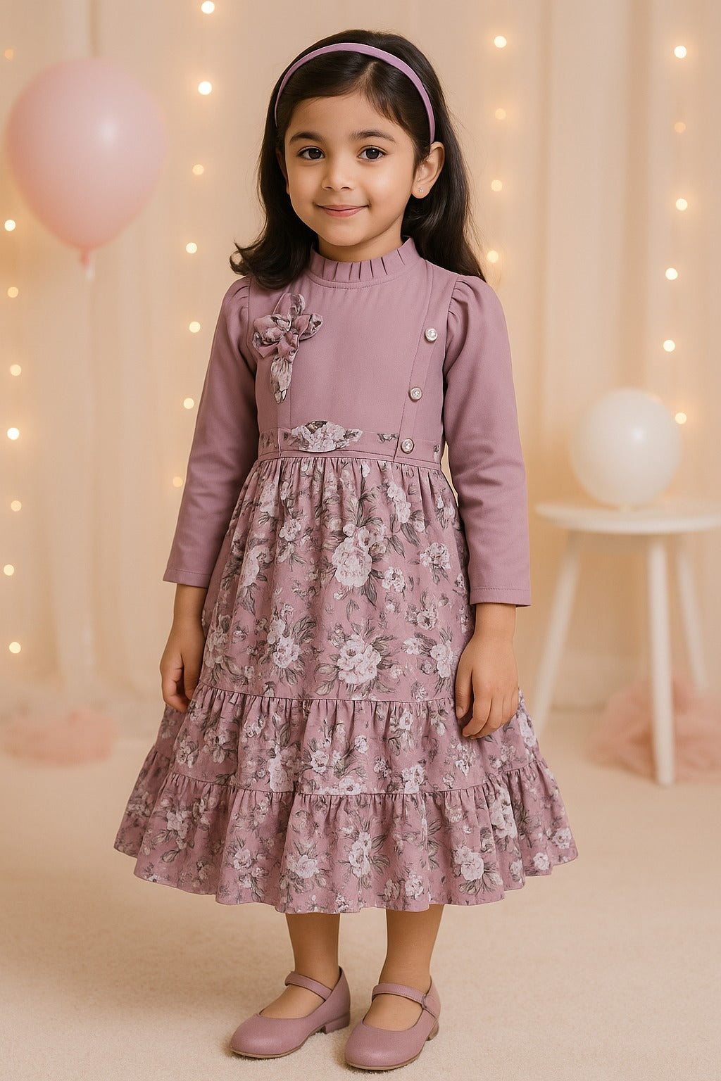 Girls Floral Print 3/4th Sleeve Fit and Flare Frock Dress