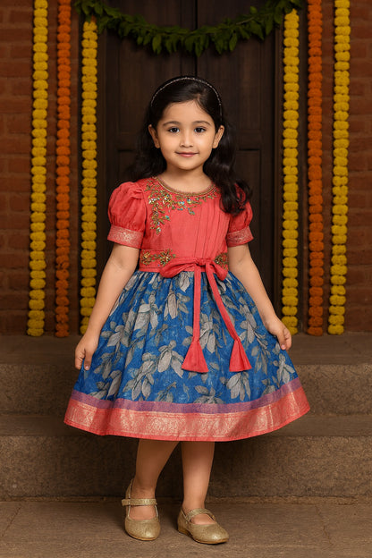 Girls Bead Embellished Floral Zari Ethnic Dress fep3529