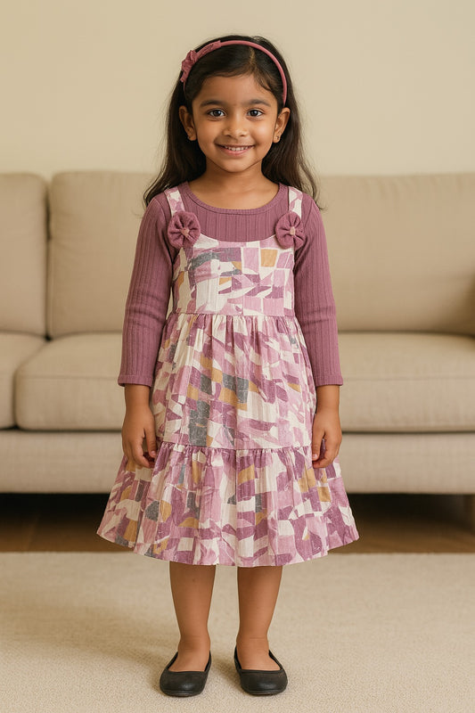 Girls Abstract Print T-shirt and Pinafore Dungaree Dress Set