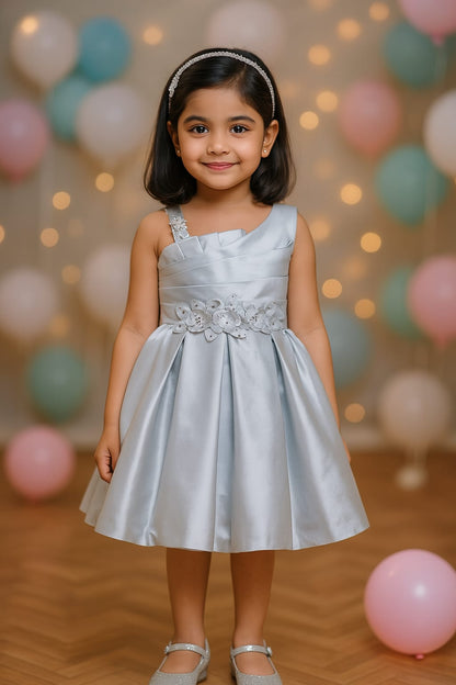Girls Satin Embellished Flower Detailed Fit and Flare Dress