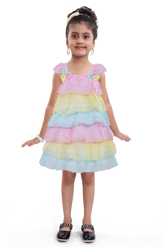 Girls Pastel Rainbow Layered Ruffle Party Dress